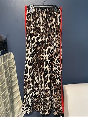 Q2 Leopard Print Wide Leg Pants with Red Side Stripe, S